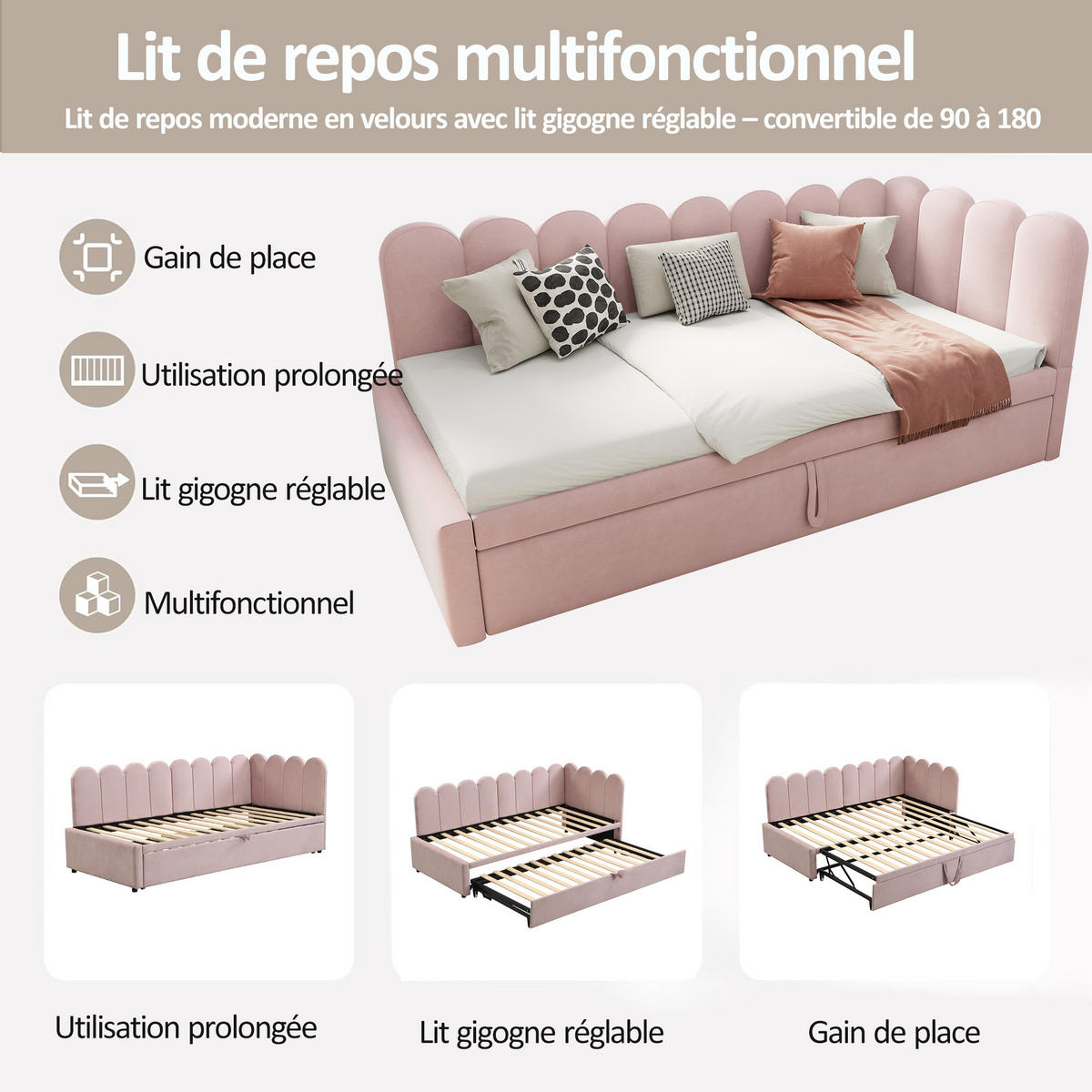 POLSTERBETT LForm 90/180x200 Rosa Samt - Pink, Textil (180/200cm) - FLIEKS