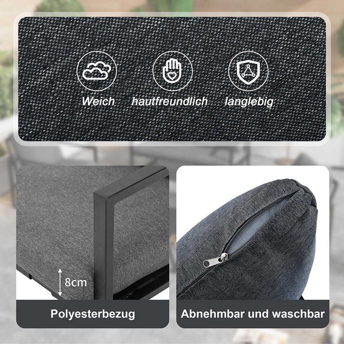 LOUNGEGARNITUR für 4 Personen，mit Sofa,Couchtisch & Kissen，schwarz - Schwarz, Metall - KOMHTOM