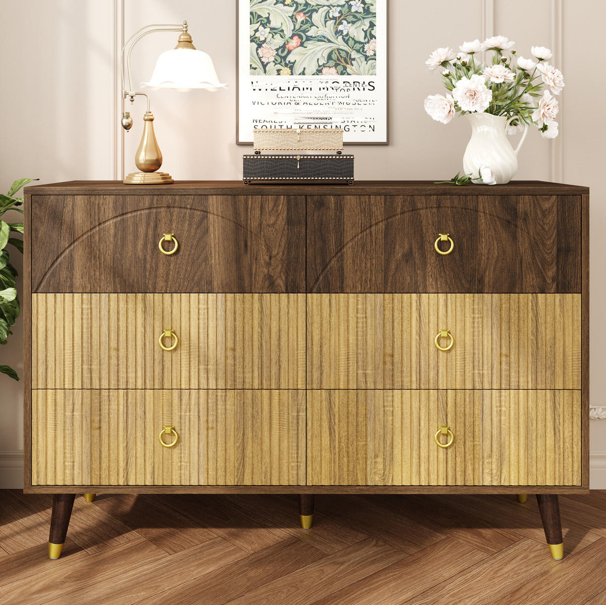 KOMMODEN-SIDEBOARD 120/40/81 cm mit 6 Schubladen im Retro-Look - Naturfarben, Holzwerkstoff (120/81/40cm) - BEAOK