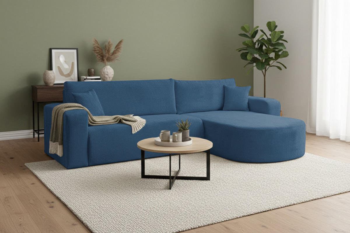 ECKSOFA TOKIO mit Schlaffunktion und Bettkasten, Farbe: Blau, Cordstoff, Ottomane Universal - Blau, Textil (275/170cm)