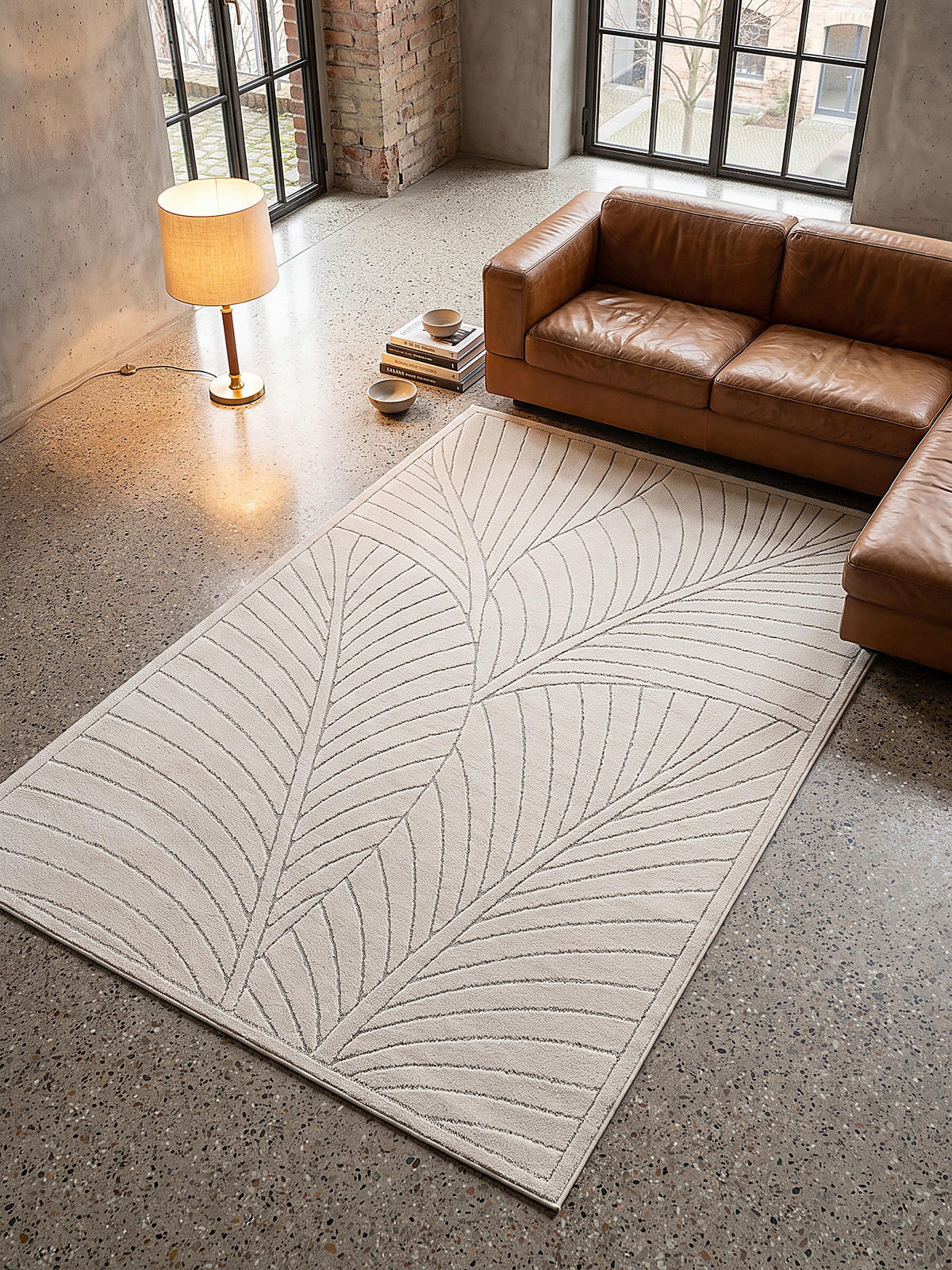 TEPPICH Outdoor, Fußbodenheizung-geeignet, mit Blattmotiv, ENGADIN in Creme, 240 x 340 cm - Creme, Textil (240/340cm) - KADIMA DESIGN