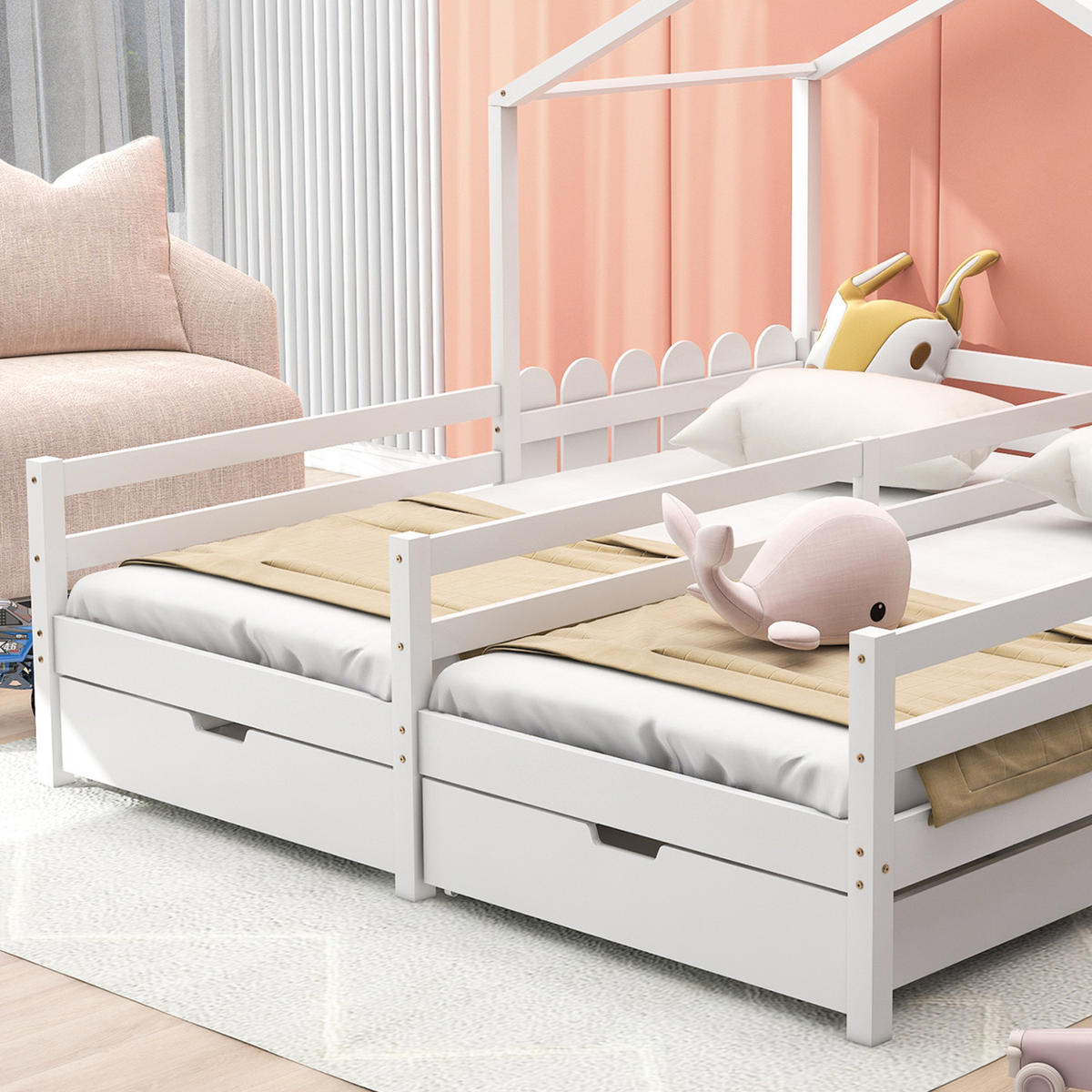 HAUSBETT 90/200 cm Weiß mit 2 MDF-Schubladen und Gitterzaun - Weiß, Holz (90/200cm) - OKWISH