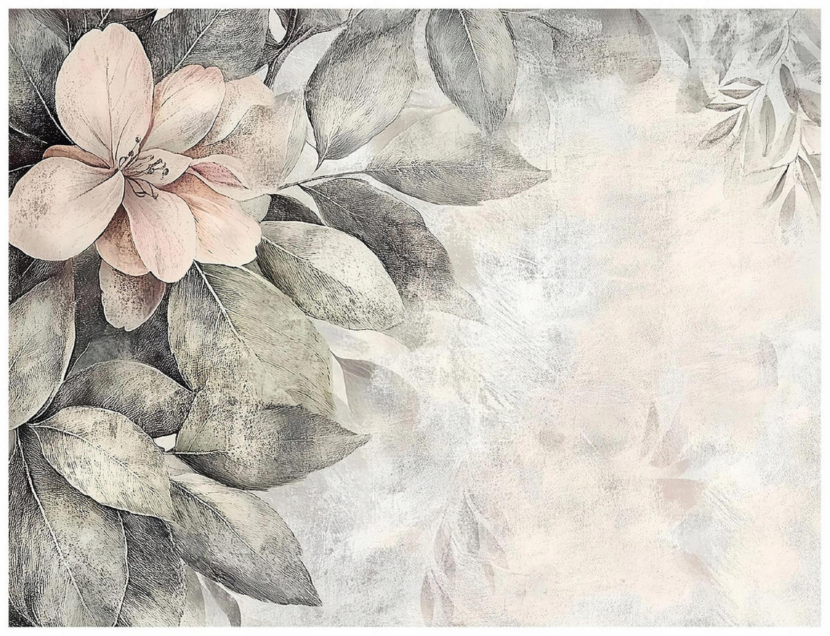 FOTOTAPETE Blätter Vintage Beton Wohnzimmer Tapete 300x210 - Multicolor, Papier (300/210cm) - Wallarena
