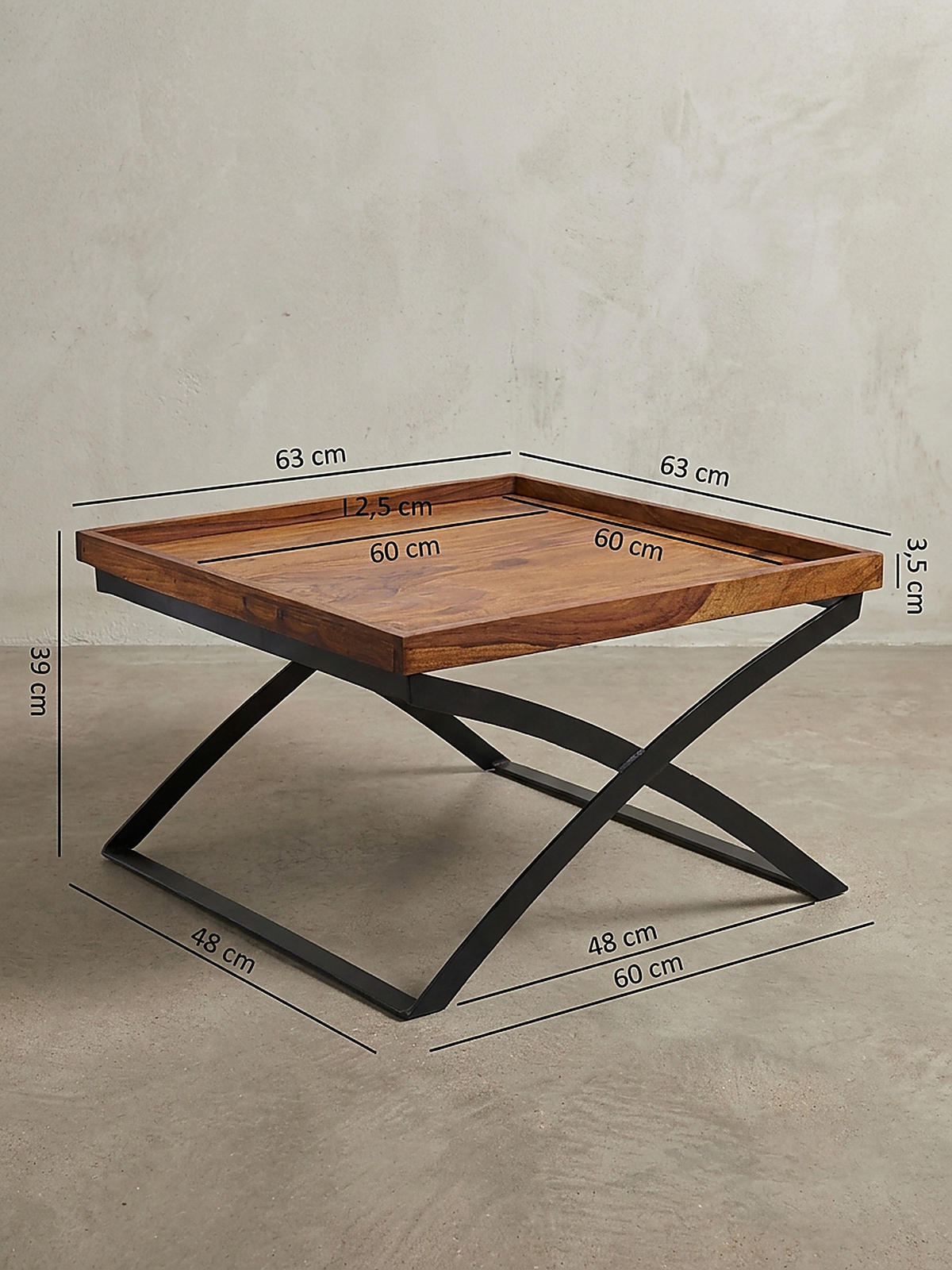 COUCHTISCH Sheesham-Massivholz/Metall Industrial-Style 63x39x63cm Braun/Schwarz - Schwarz/Braun, Holz/Metall (63/63/39cm) - KADIMA DESIGN