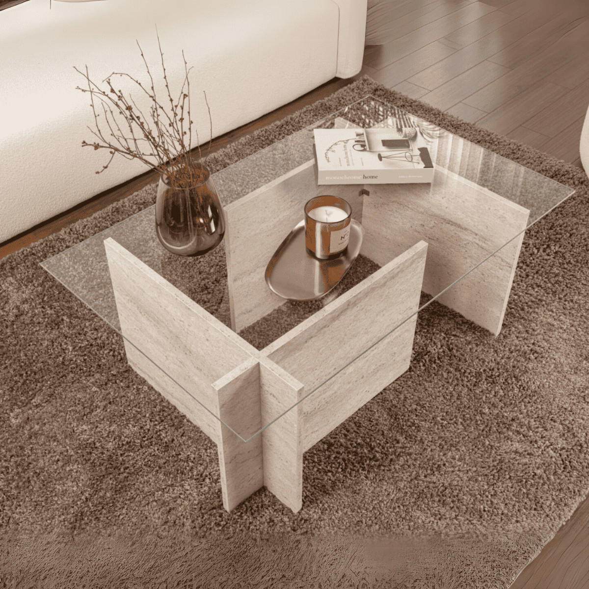 COUCHTISCH mit glasplatte noah 105/65/40 cm - Beige, Holzwerkstoff (105/65/40cm) - Calicosy