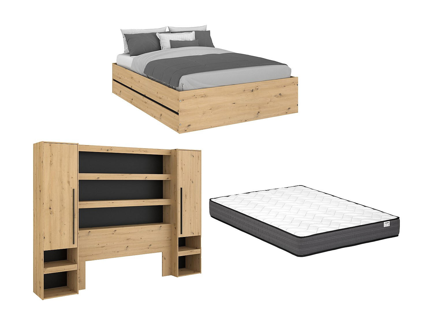 BETT mit Bettkasten - 2 Personen - Holz, Platte - Schwarz, Naturfarben Hell - Schwarz/Naturfarben, Holz (140/190cm) - Vente-Unique