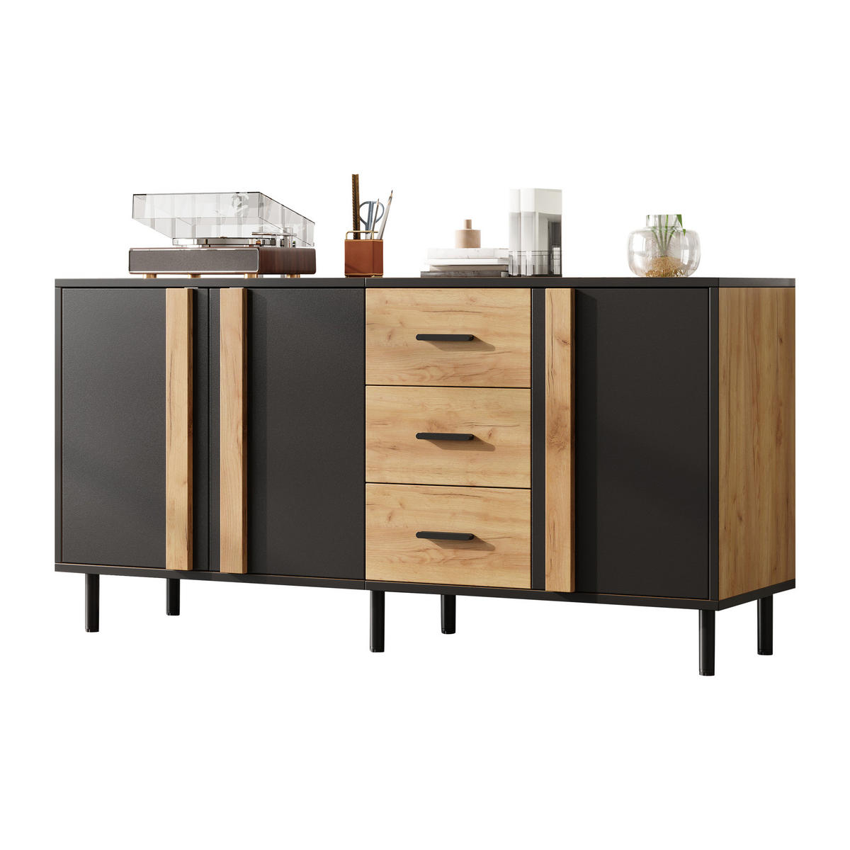 SIDEBOARD 140/35/70 cm mit 3 Türen, 3 Schubladen und Metallbeinen in Schwarz-Naturholzoptik - Schwarz/Naturfarben, Holzwerkstoff (140/70/35cm) - CHICFURN