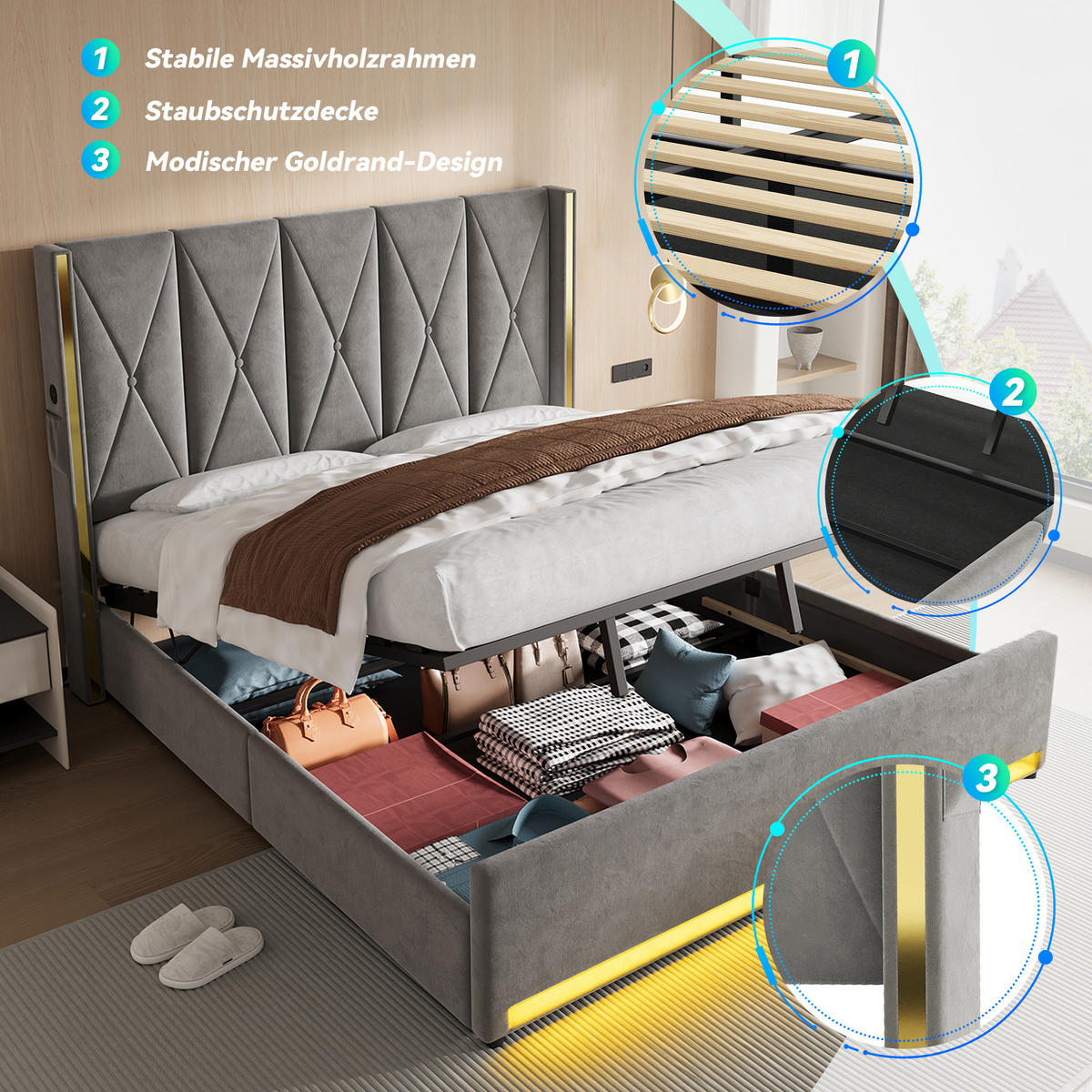 POLSTERBETT 180/200 cm in Dunkelgrau Samt mit Bettkasten, LED und USB - Dunkelgrau, Holzwerkstoff/Textil (180/200cm) - WISHDOR