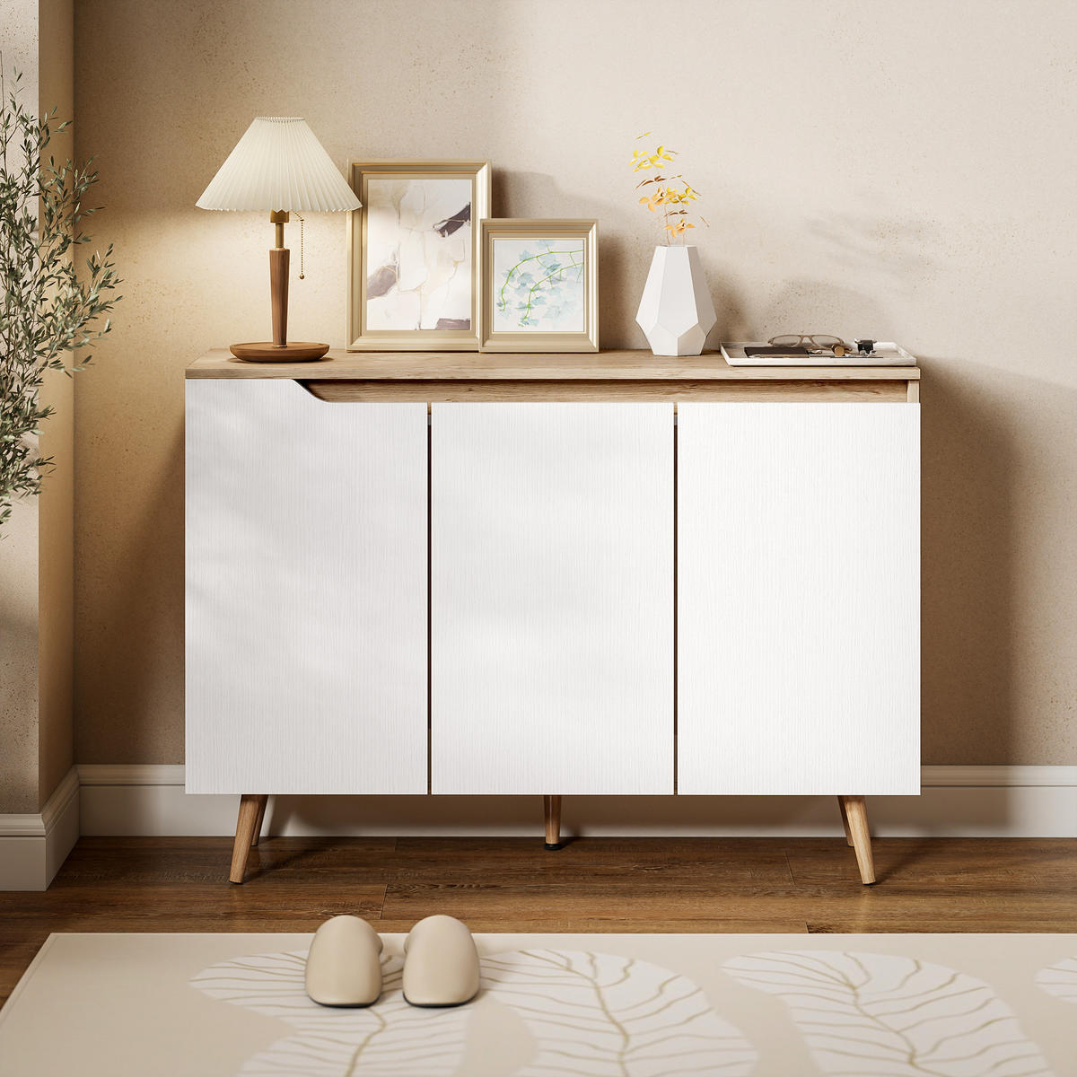 SIDEBOARD DE-11301 3 Türen, verstellbare Böden Weiß/Eiche - Eichefarben, Holzwerkstoff (107/76.5/35cm) - ComfortXL
