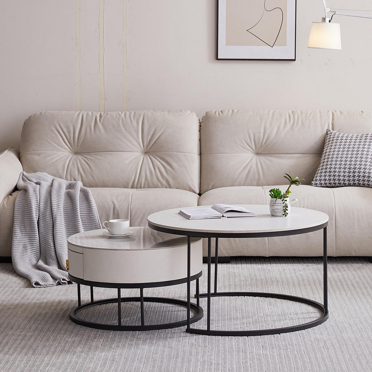 COUCHTISCH 2er-Set mit Schieferplatte und Schublade - Weiß, Holzwerkstoff (70/70/45cm) - OKWISH