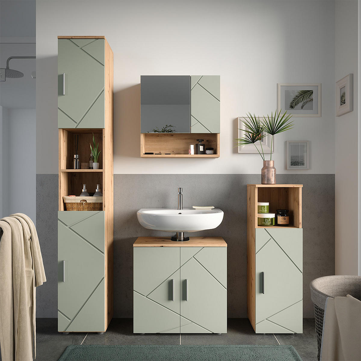 BADMÖBEL-SET Irma Salbeigrün 4 Teile - Salbeigrün, Holzwerkstoff (60/59/30cm) - Vicco