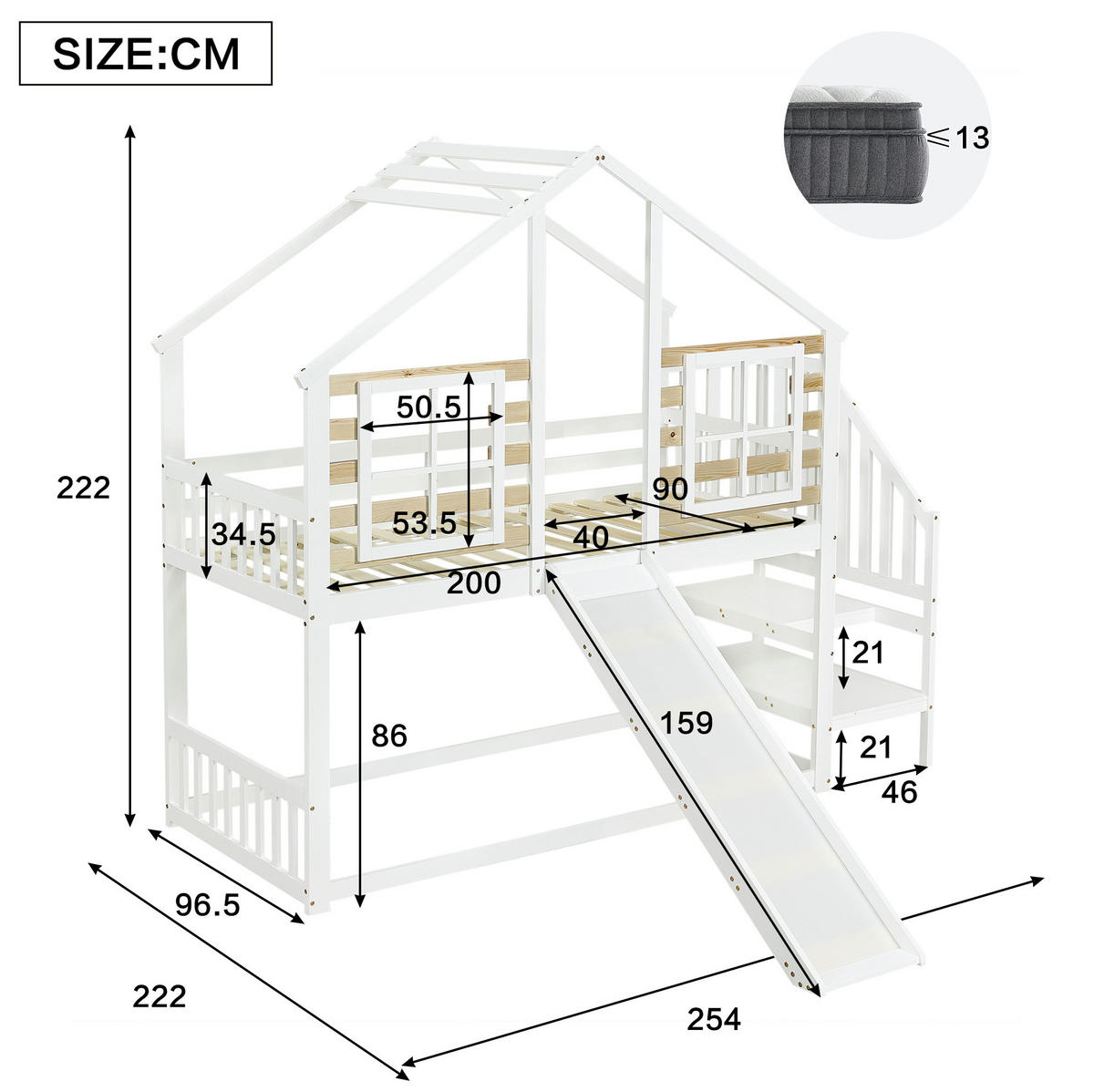 HAUSBETT 90/200 cm mit Rutsche und Treppe, Weiß/Natur - Weiß, Holzwerkstoff (90/200cm) - Flora Grace