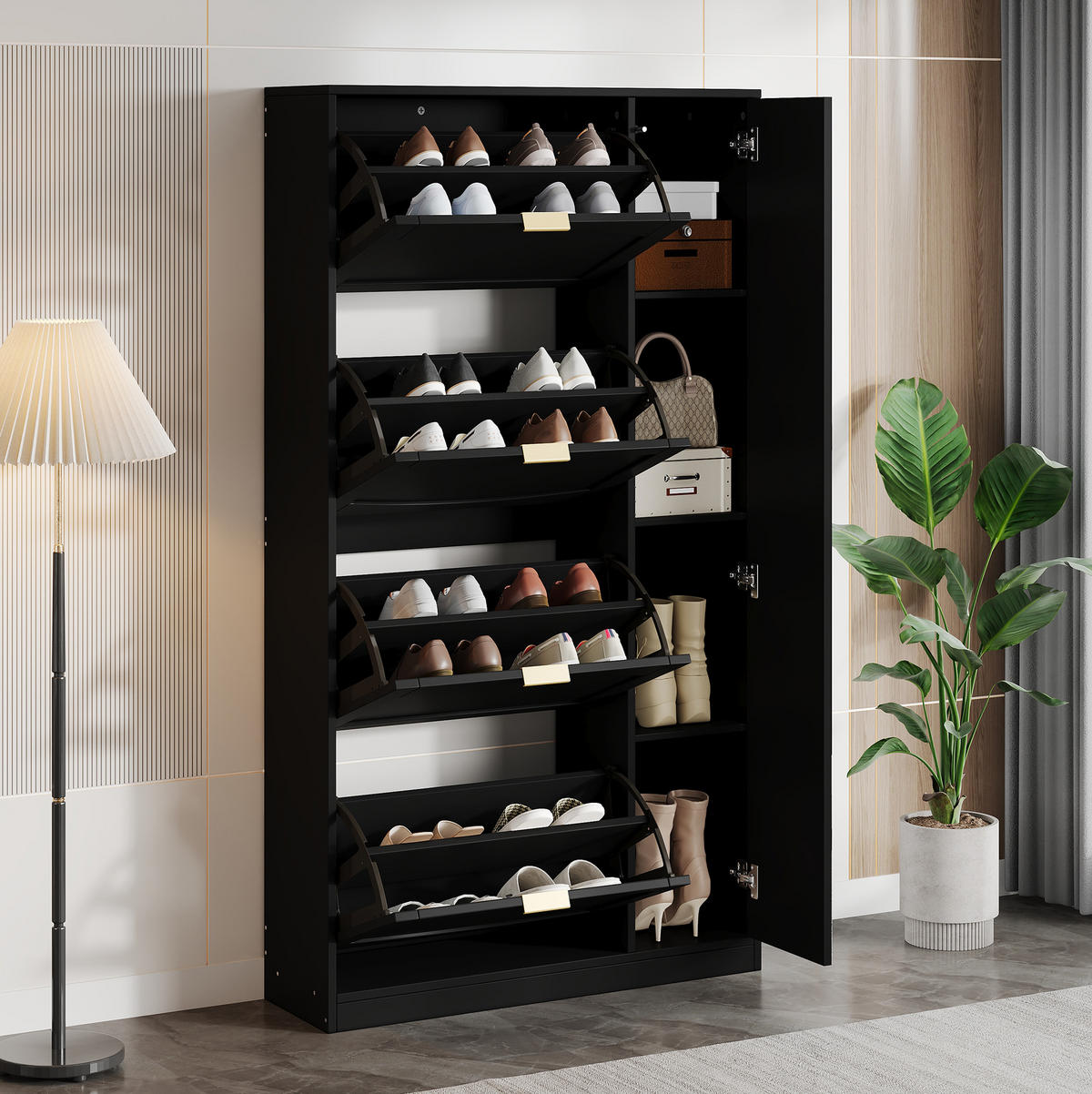SCHUHSCHRANK 80/24/147 cm mit Spiegeltüren, 4 Klappenfächern und verstellbaren Einlegeböden, Schwarz - Schwarz, Holzwerkstoff (80/147/24cm) - Redom