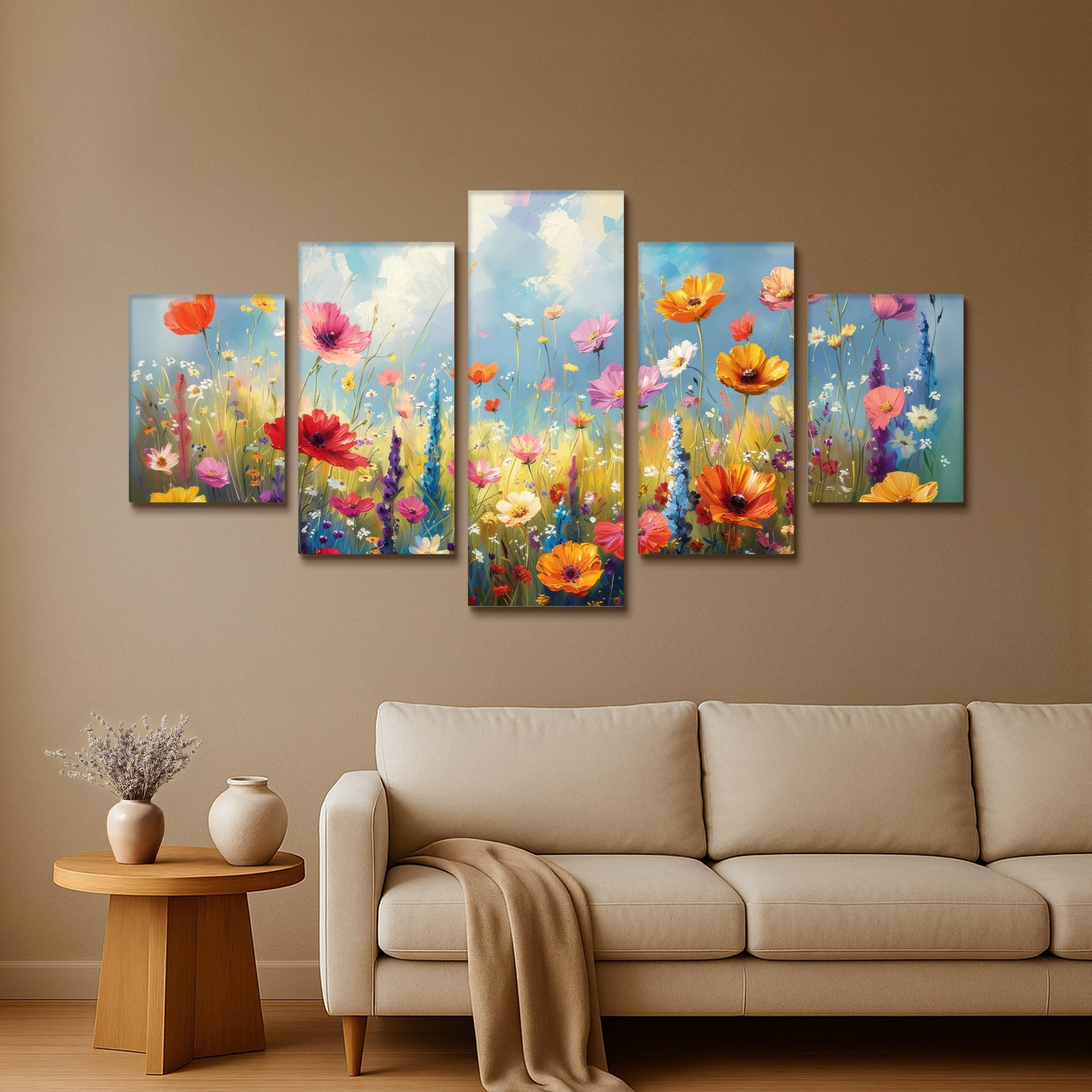 LEINWANDBILD 5er Set Blumen - Frühling - Farbenfroh - Sommerlich 150x80 cm - Orange, Textil (150/80cm) - MuchoWow