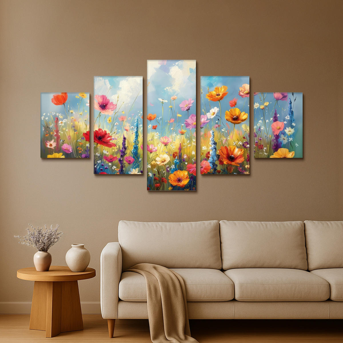 LEINWANDBILD 5er Set Blumen - Frühling - Farbenfroh - Sommerlich 150x80 cm - Orange, Textil (150/80cm) - MuchoWow