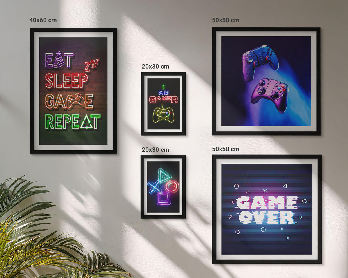 WANDBILDER 5er-Set - 50x50 cm & 20x30 cm & 40x60 cm Schwarzer Rahmen - Gamepads, Spielersymbol-Untertitel - Schwarz, Kunststoff (40/60cm) - ArtPrintCave