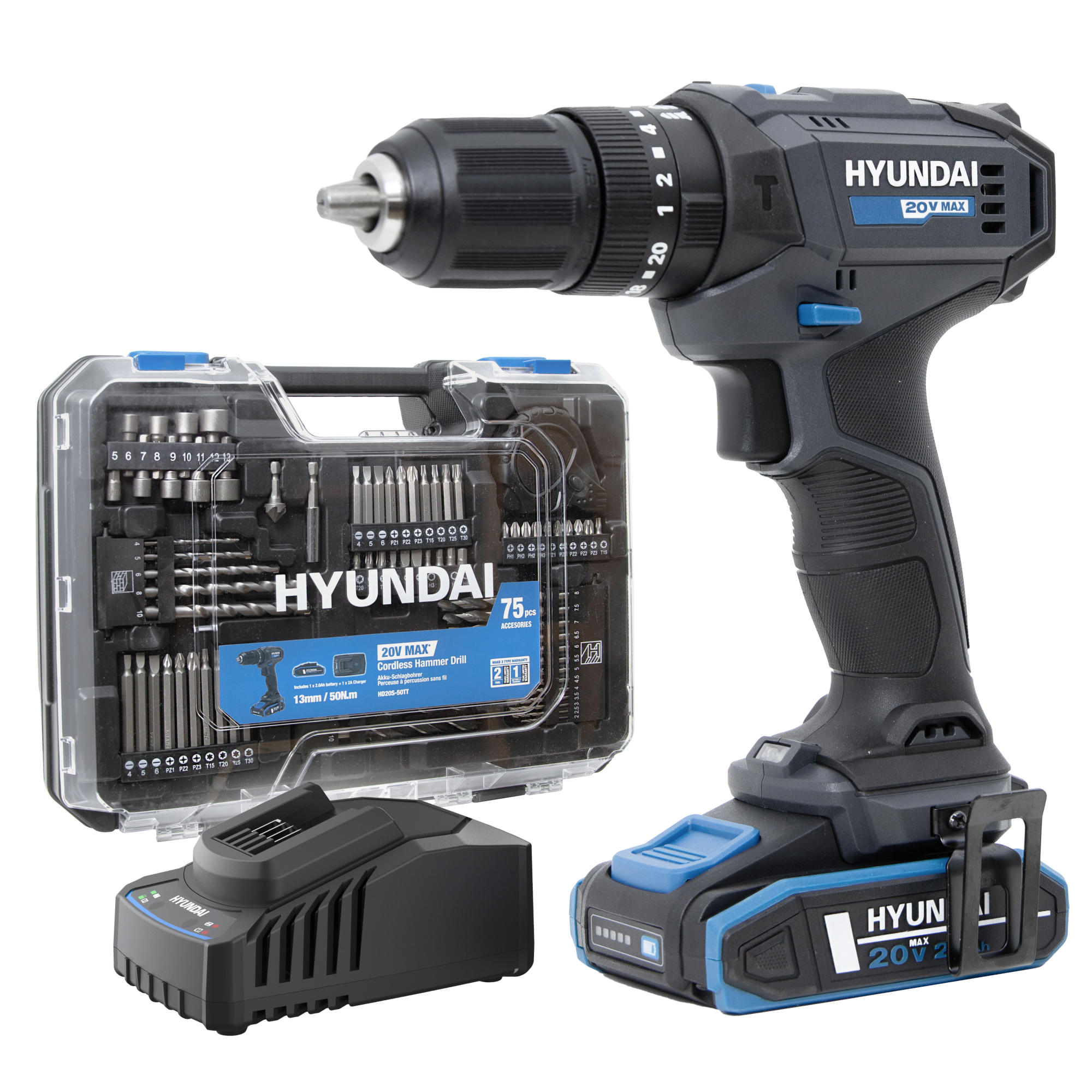AKKU-SCHLAGBOHRSCHRAUBER 20V, 50 Nm – Set inkl. Akku, Ladegerät & 75-teiligem Zubehör - Blau, Kunststoff (39/30/13cm) - HYUNDAI