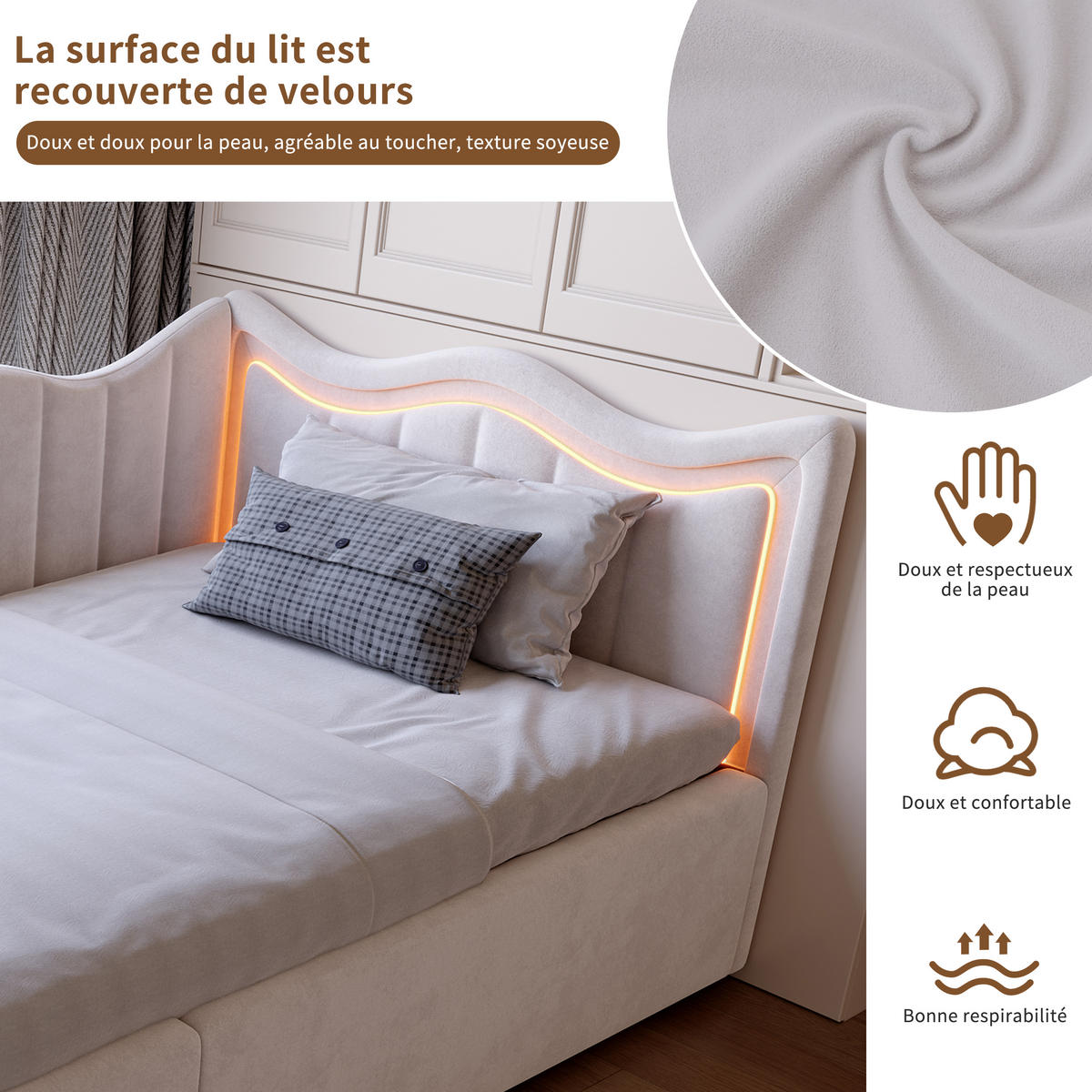 POLSTERBETT 90x200 cm LED Stauraum Kopfteil Samt beige - Beige, Holz (90/200cm) - LEBENLANG