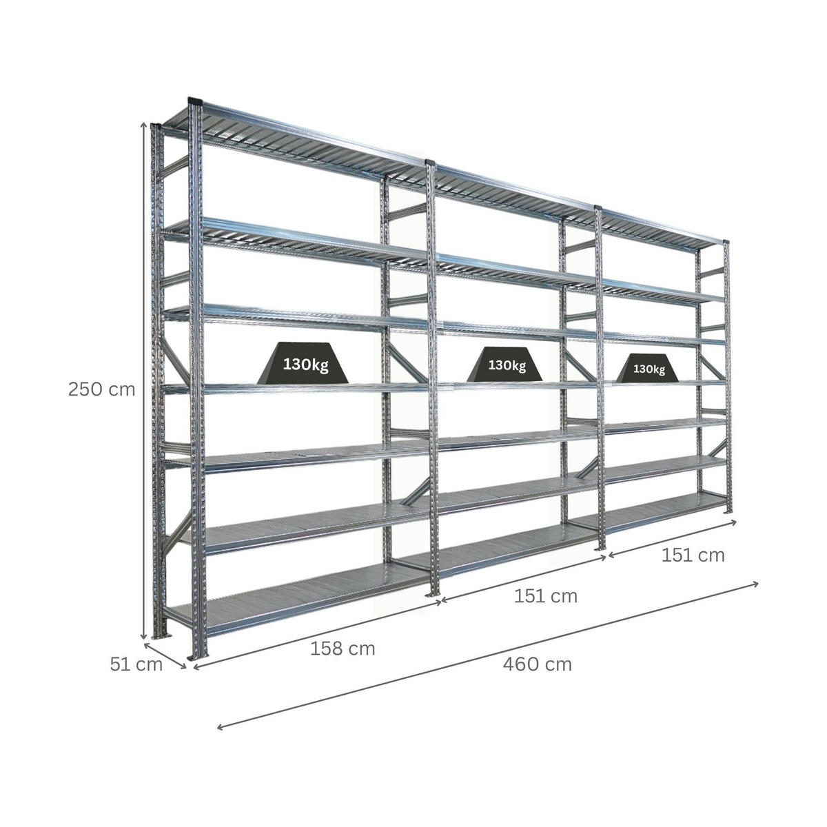 FACHBODENREGAL Proximo Stecksystem 250x450x50cm 7 Ebenen Beidseitig nutzbar Verzinkt - Silberfarben, Metall (450/250/50cm) - PROREGAL