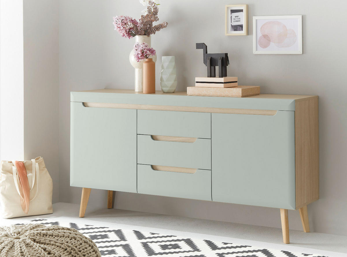 SIDEBOARD Pistazie grün, Eiche, skandinavisch 160 cm, Kommode mit Soft-Close - Eichefarben/Pastellgrün, Eichenholz/Holz (160/83/40cm) - Furn.Design