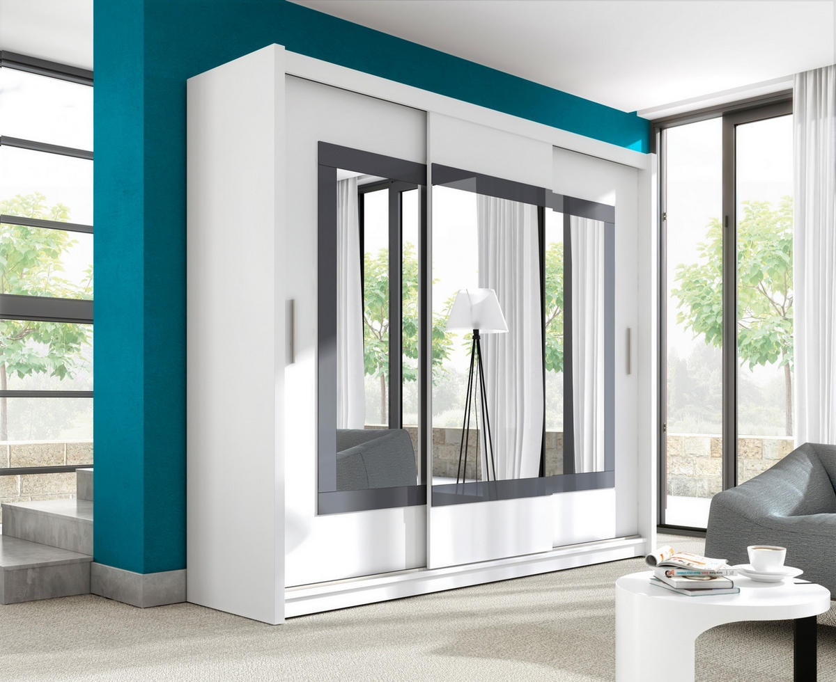 SCHWEBETÜRENSCHRANK KENNEN 250/215/61 cm 3-türig mit Spiegel Weiß - Weiß, Holzwerkstoff (250/215/61cm) - MASSENO