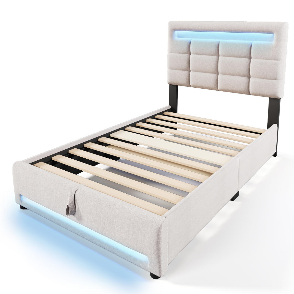 POLSTERBETT 90/200 cm mit App-gesteuerter LED-Beleuchtung, USB-Anschluss und hydraulischem Bettkasten, Beige - Beige, Textil (90/200cm) - Redom