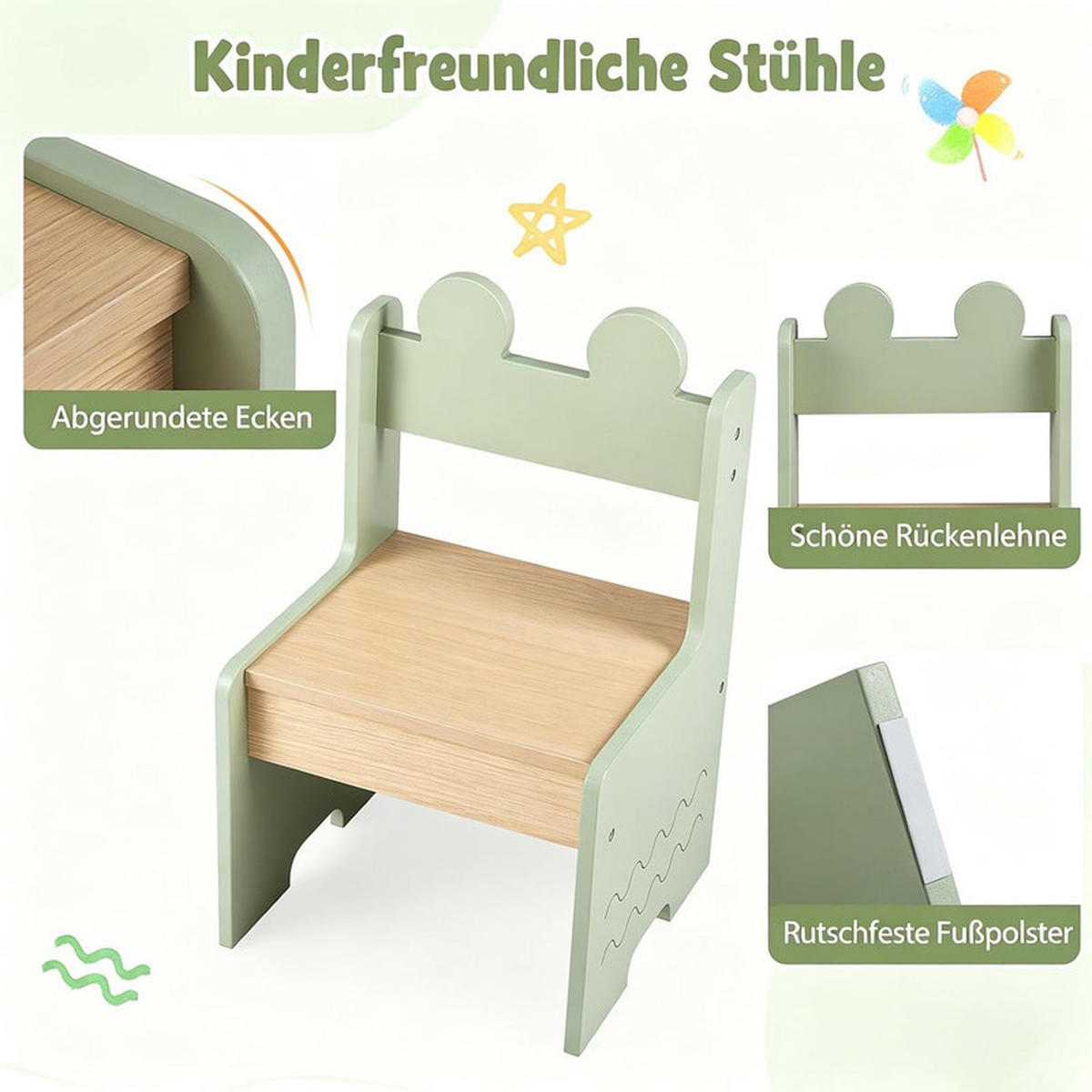 KINDERTISCH mit Stuhl grün(3-tlg) - Grün, Holzwerkstoff (70/49.5/48cm) - COSTWAY