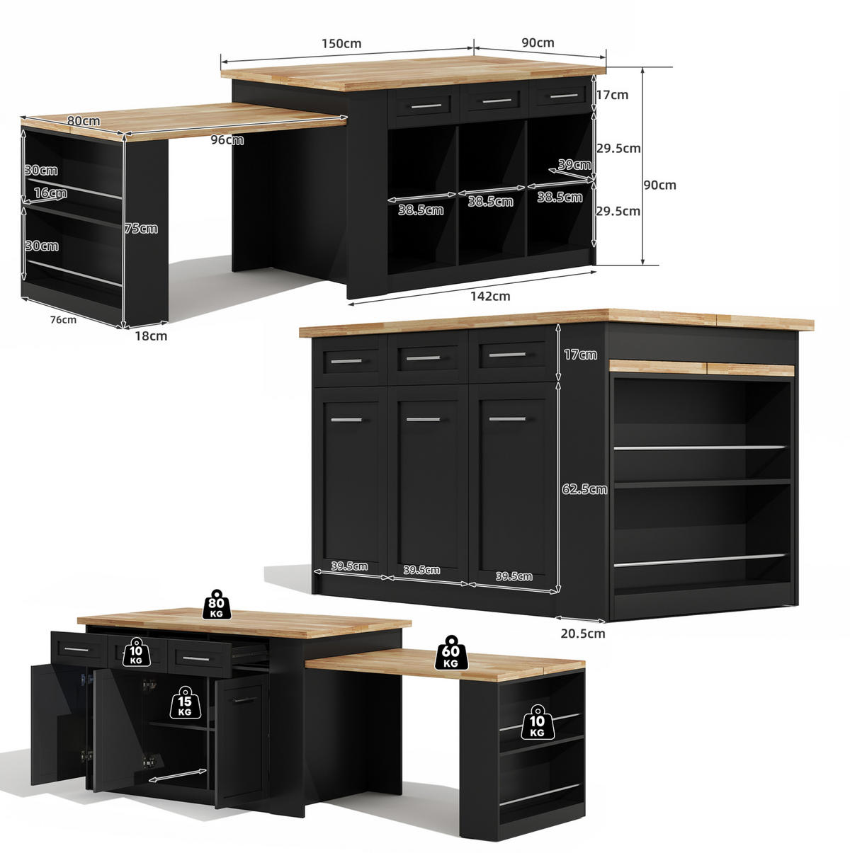 KÜCHENINSEL mit ausziehbarem Esstisch 150 x 90 x 90 cm MDF Natural and Black - Naturfarben, Holz (90/90/150cm) - Beauniv