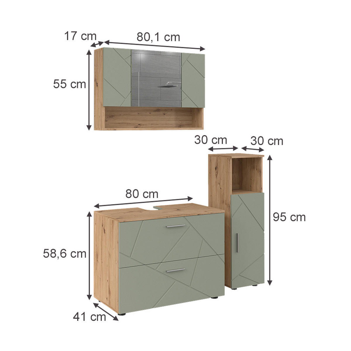 BADMÖBEL-SET Irma Salbeigrün 3 Teile - Salbeigrün, Holzwerkstoff (80/58.6/41cm) - Vicco