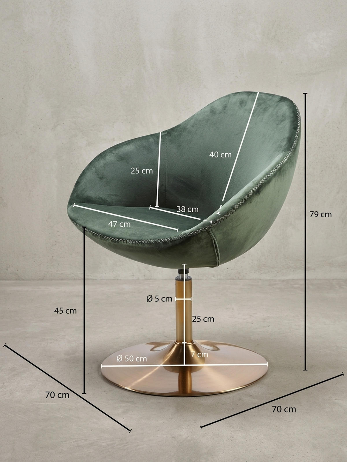 LOUNGESESSEL Samt mit 360° Drehfunktion, Grün 70x70x79 cm - Goldfarben/Grün, Textil/Metall (70/79/70cm) - KADIMA DESIGN