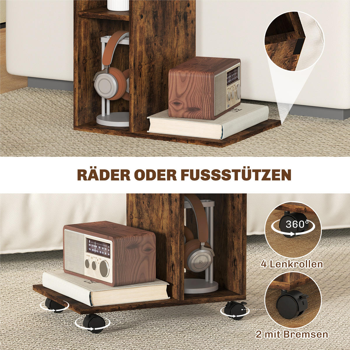 BEISTELLTISCH Couchtisch mit Rollen, 4 Regalen, Braun - Braun, Holzwerkstoff (40/30/69cm) - HOMCOM