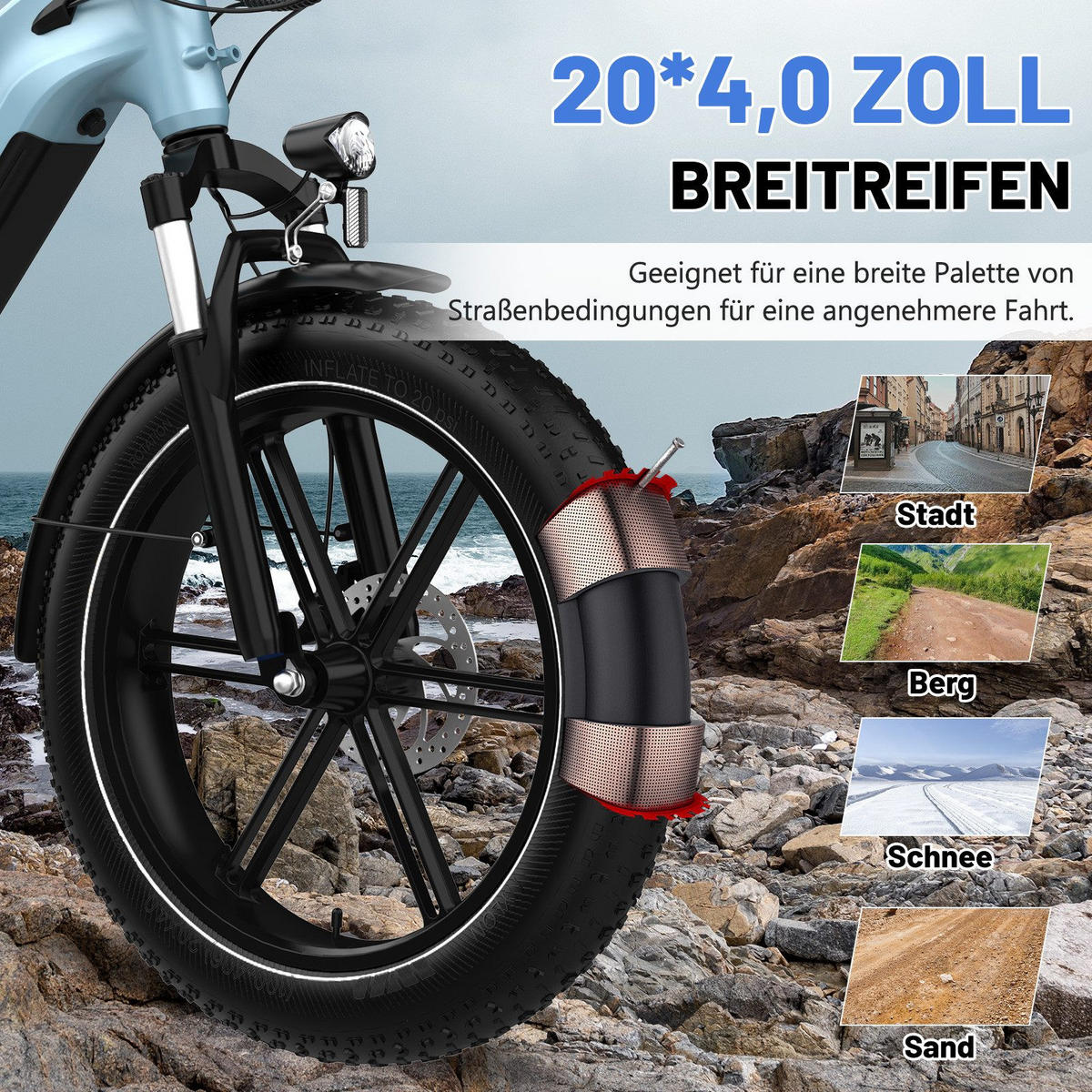 E-BIKE Mountain R6 20*4,0 Zoll, 7 Gang, Aluminiumrahmen, bis zu 120km - Blau, Metall (31cm) - ECORUSH