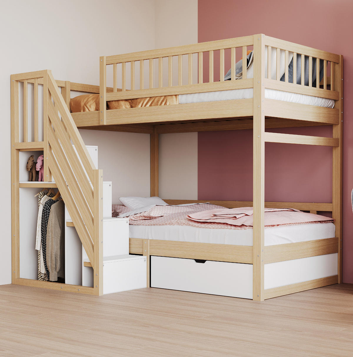 ETAGENBETT 90/200 cm aus Massivholz mit Stauraum und Sicherheitsleiter - Naturfarben, Holz (90/200cm) - OKMYHOME