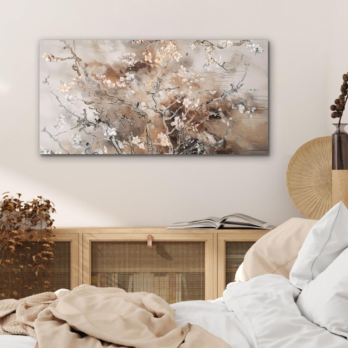 KOVOVÝ OBRAZ Mandľový kvet - Umenie - Van Gogh - Béžová - Abstraktné 80x40 cm - hnedá, kov (80/40cm) - MuchoWow