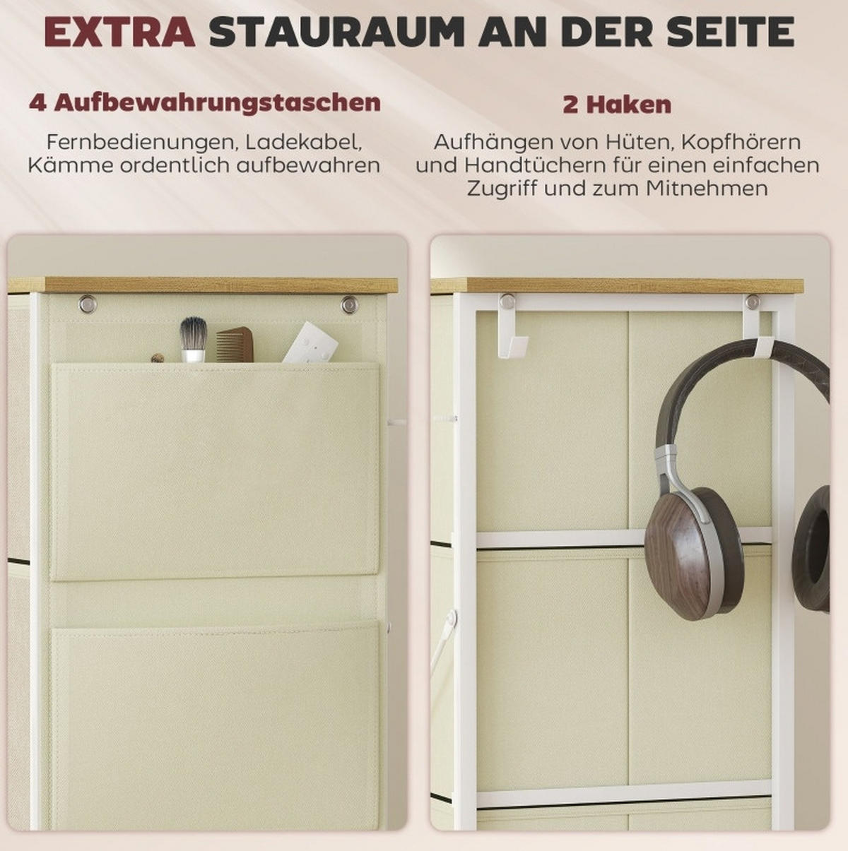 KOMMODE 86/30/94,5 cm aus Stahl mit 8 Stoffschubladen Beige - Beige, Metall (86/94.5/30cm) - Modenvie