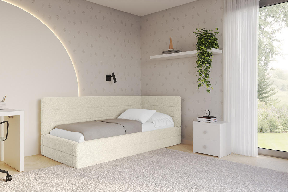 EINZELLBETT Jugendbett mit Bettkasten, Links - BEMY 90x200 Beige - Champagner, Holzwerkstoff/Textil (90/200cm) - ALTDECOR