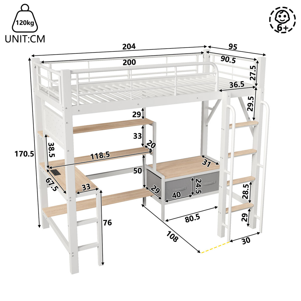HOCHBETT 90x200cm, Eisen, Lochwand, Regale, Schubladen, Schreibtisch, USB, LED, Geländer, ohne Matratze, Weiß - Weiß, Holzwerkstoff (90/200cm)