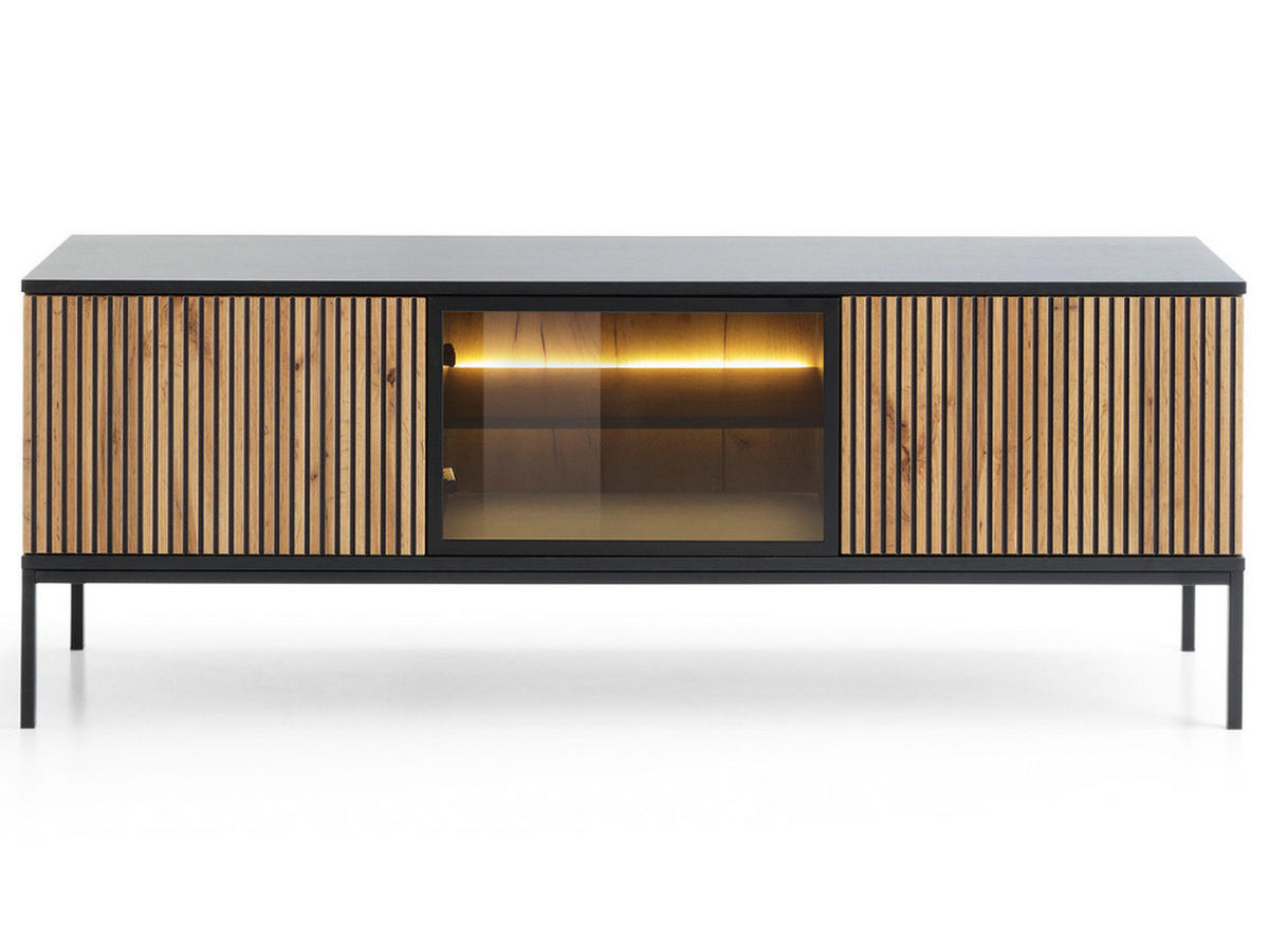 TV-SCHRANK Graphit, Wotan Eichefarben 154 cm Deo - Eiche Wotan/Schwarz, Naturmaterialien/Glas (154/56/39cm) - Graingold