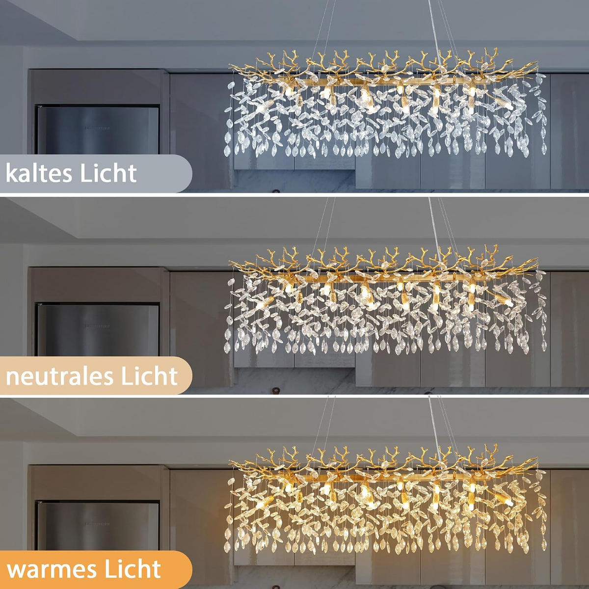 KRONLEUCHTER Rechteck 120 cm K9‑Kristall Baumzweig Gold für Esszimmer und Kücheninsel - Gelb, Naturmaterialien (92/36/27cm) - Surtime