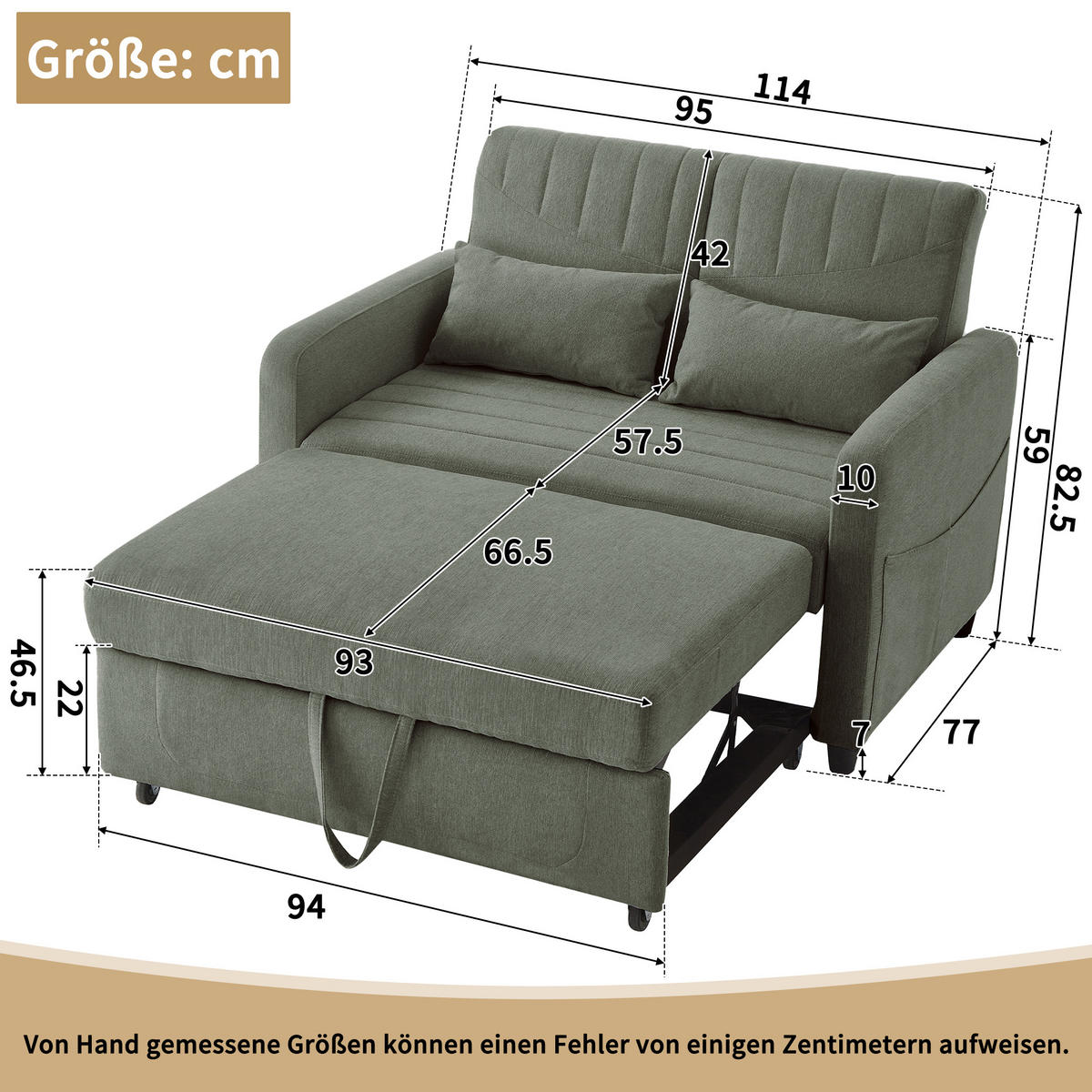 SOFABETT Baumwoll-Leinen mit ausziehbarer Schlaffunktion Olivgrün 114/77/82,5 cm - Olivgrün, Textil (77/82.5/114cm) - Redom