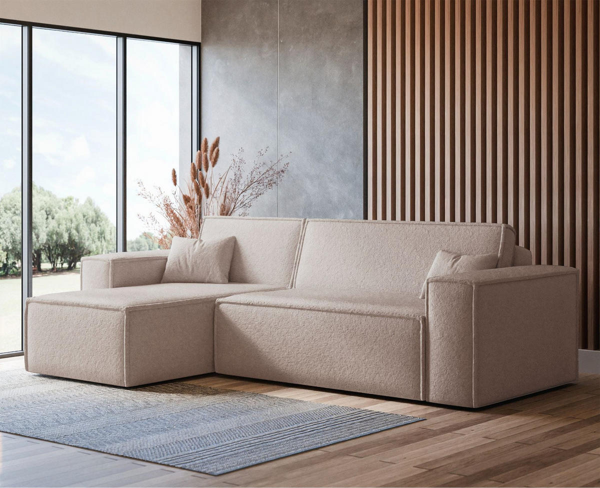 ECKSOFA Scarlo Hellbeige Bouclé-Bezug - Ecru/Schwarz, Kunststoff/Textil (244/145cm) - Selsey