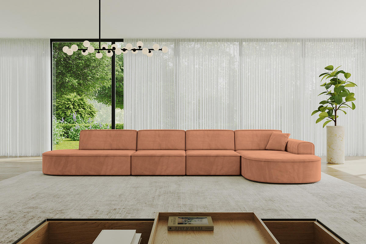 ECKSOFA Ottomane Rechts MARI-L3 - 413x171x79 cm Orange Velours - Schwarz/Orange, Holzwerkstoff/Kunststoff (171/413cm) - ALTDECOR