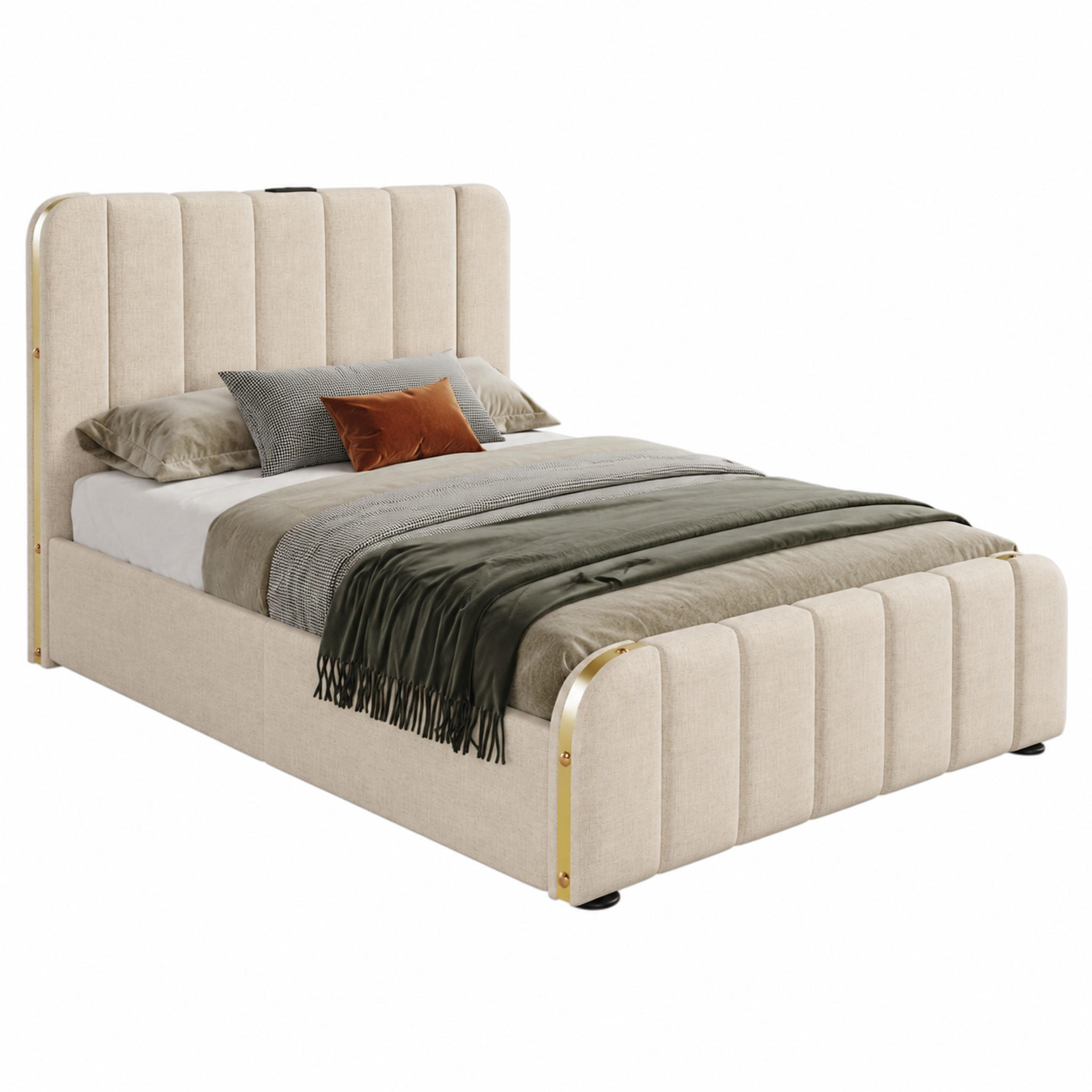 BETT mit Stauraum und USB/Typ-C 90x200 cm Leinen Beige - Beige, Metall (90/200cm) - Meubliv