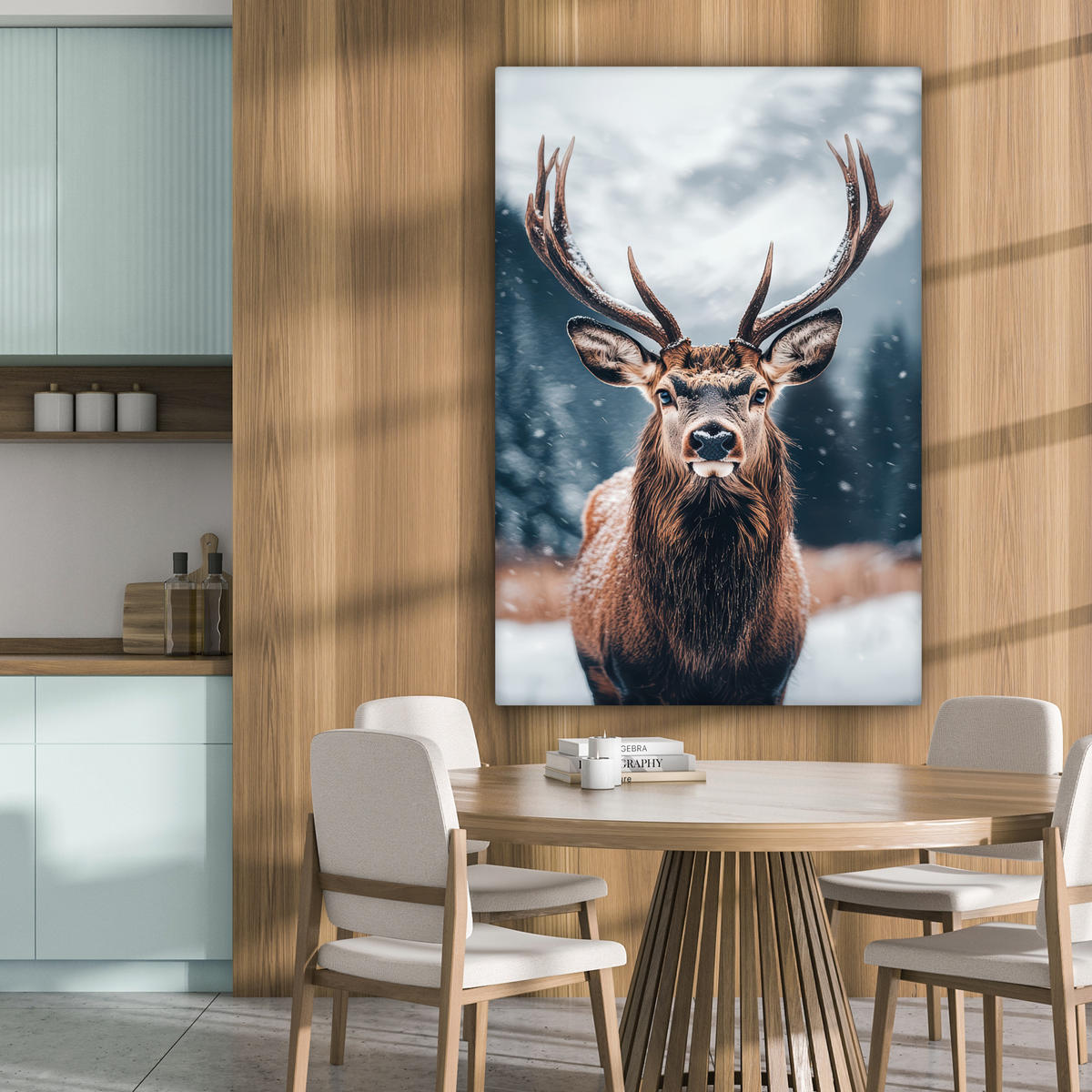 LEINWANDBILD Hirsche - Tiere - Landschaft - Winter - Schnee 80x120 cm - Kastanienfarben, Textil (80/120cm) - MuchoWow