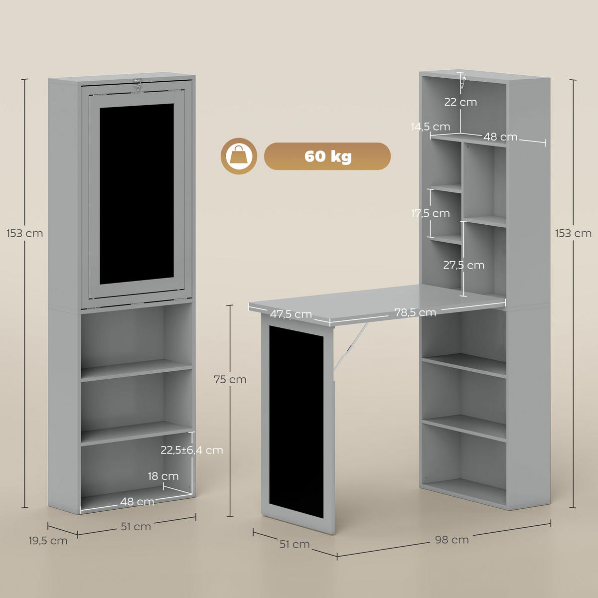 SCHREIBTISCH Holzoptik klappbar mit Regal und Tafel 98/51/153 cm - Grau, Holzwerkstoff (51/98/153cm) - PANGIVO