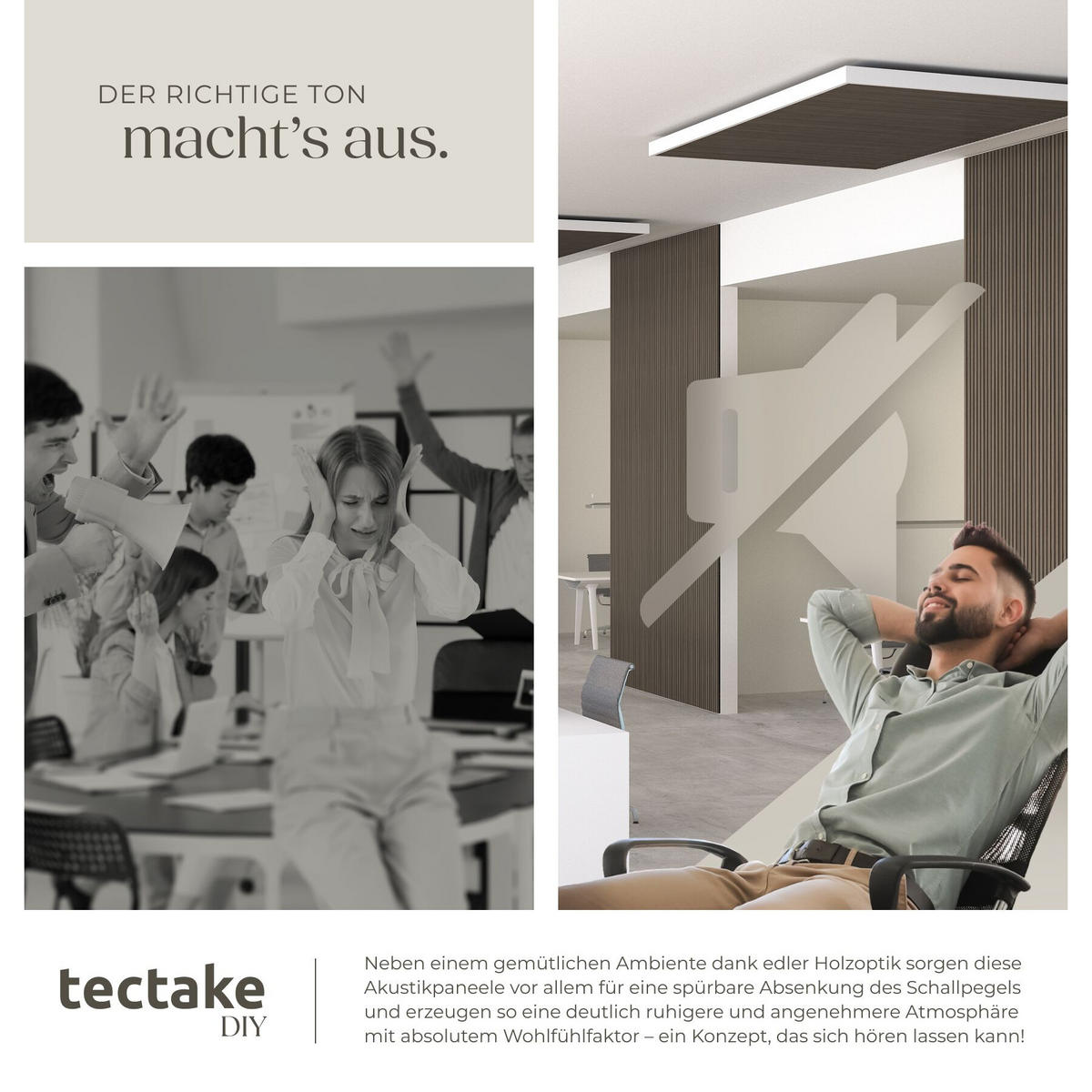 AKUSTIKPANEELE 4er Set Sonic Wall II, Holzoptik, MDF Echtholzfurnier, Schallabsorption, eiche grau, Größe flexibel anpassbar - Grau/Silbereichenfarben, Holz (50/1.8/110cm) - tectake