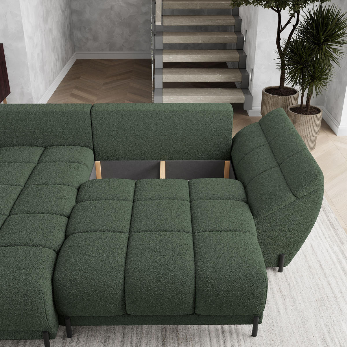 ECKSOFA VESTANO L-S Grün Boucle-Stoff mit Schlaffunktion - Grün, Holz (287/182cm) - MASSENO
