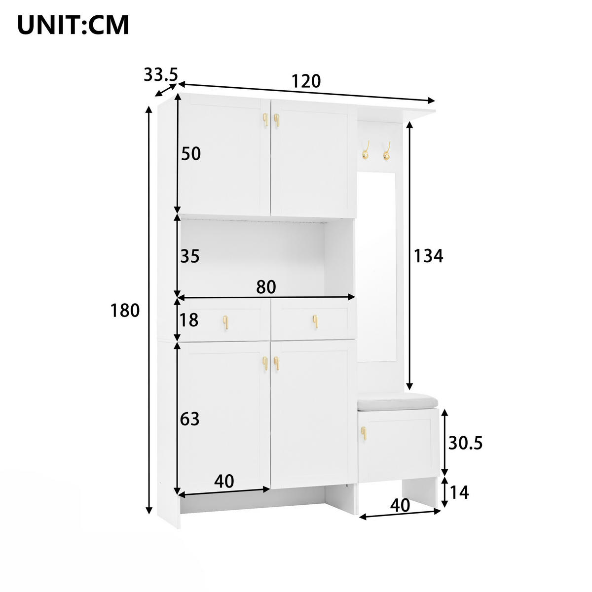GARNITURA za predsoblje, 120/33,5/180 cm, bijela, s LED rasvjetom - bijela, drvni materijal (120/180/33.5cm) - BEAOK