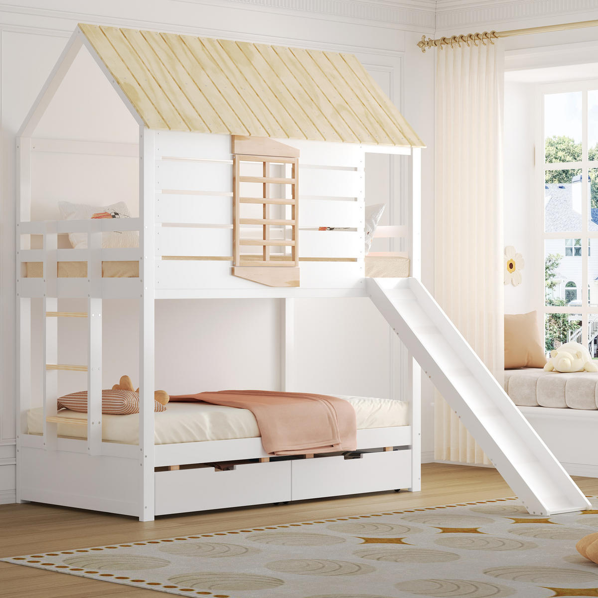 ETAGENBETT 90/200 cm weiß aus Kiefer und MDF mit Rutsche und 2 Schubladen - Weiß, Holzwerkstoff (90/200cm) - OKWISH