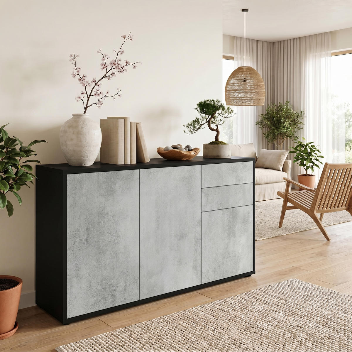 KOMMODE Ben Front in Beton Oxid Optik - Hellgrau, Holzwerkstoff (117/74/36cm) - Vladon